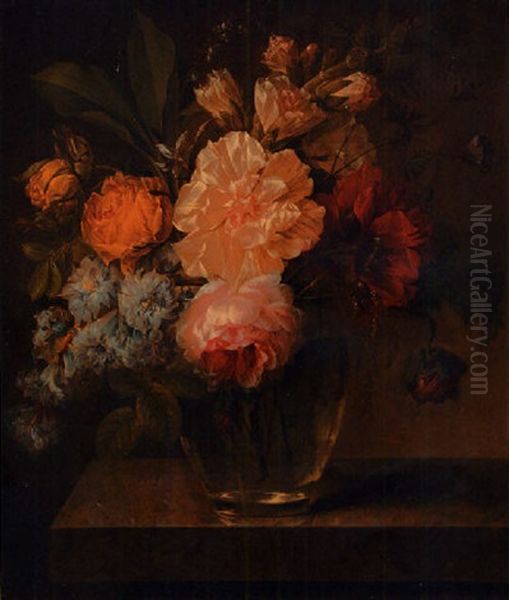 Roses, Hollyhocks, A Peony And Other Flowers In A Glass Vase On A Marble Ledge Oil Painting by Joseph-Laurent Malaine