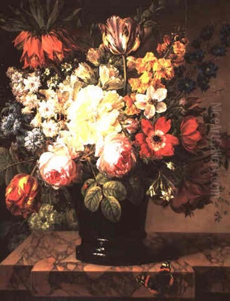 Floral Still-life With Roses, Tulips And Dahlias In A Black Vase] Oil Painting by Joseph-Laurent Malaine