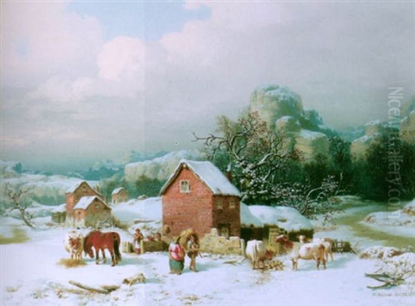 Winter Landscape With Farm Buildings And Animals Oil Painting by William Malbon