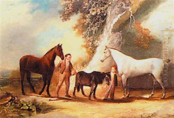 Master Charles Headlon And His Pony With Horses At Jesmond Dean Oil Painting by William Malbon