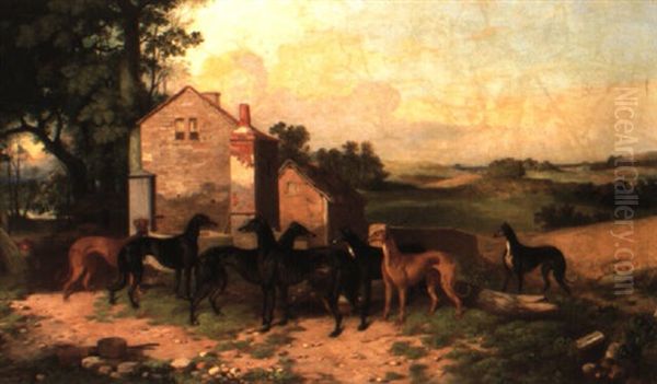 Portrait Of Seven Greyhounds In A Rural Landscape Oil Painting by William Malbon