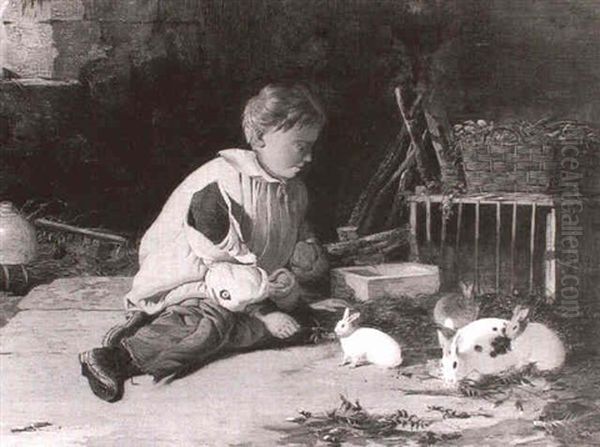 Feeding The Rabbits Oil Painting by William Malbon