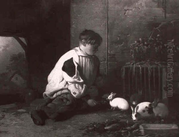 Feeding The Rabbits Oil Painting by William Malbon