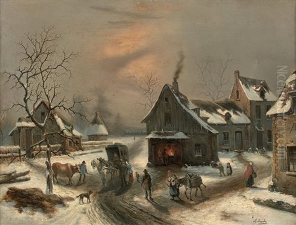 Village Sous La Neige by Louis-Claude Malbranche