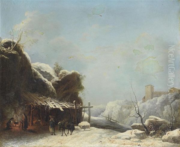 A Winter Landscape With A Woman And Her Donkey On A Path Oil Painting by Louis-Claude Malbranche