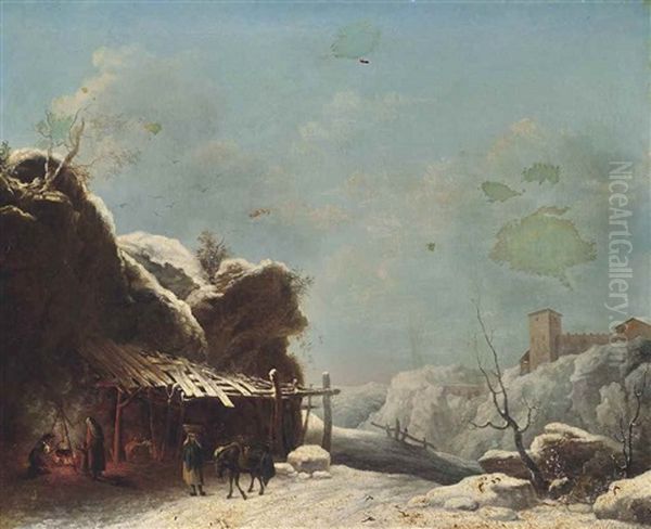 A Winter Landscape With A Forge, A Fortified City Beyond Oil Painting by Louis-Claude Malbranche