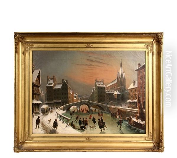 Ice Skating On The Canal, Bruges, Belgium Oil Painting by Louis-Claude Malbranche