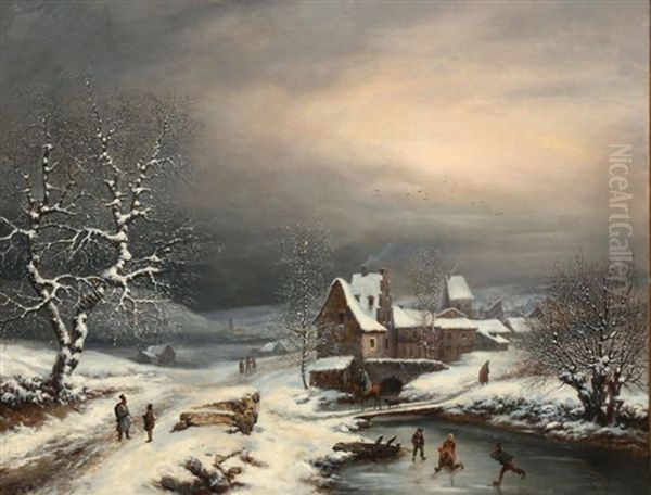 Hameau Dans La Campagne Enneigee Oil Painting by Louis-Claude Malbranche