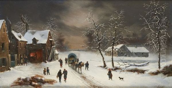 Cavalier Sous La Neige, Chariot Dans Un Village D'hiver (pair) Oil Painting by Louis-Claude Malbranche