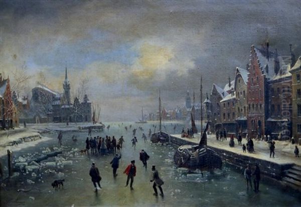 Patineurs Sur La Riviere Gelee Oil Painting by Louis-Claude Malbranche