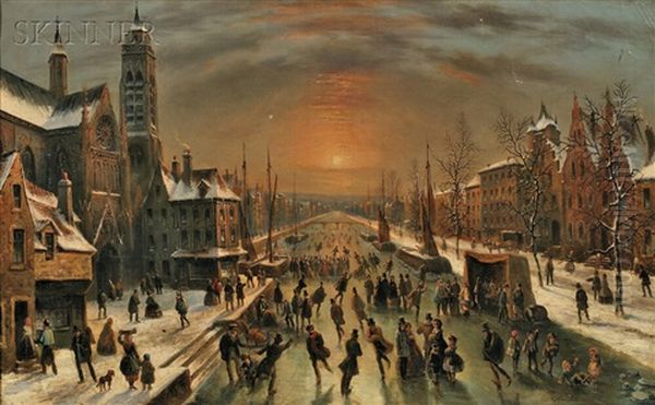 City Scene With Skaters On A Canal At Dusk Oil Painting by Louis-Claude Malbranche