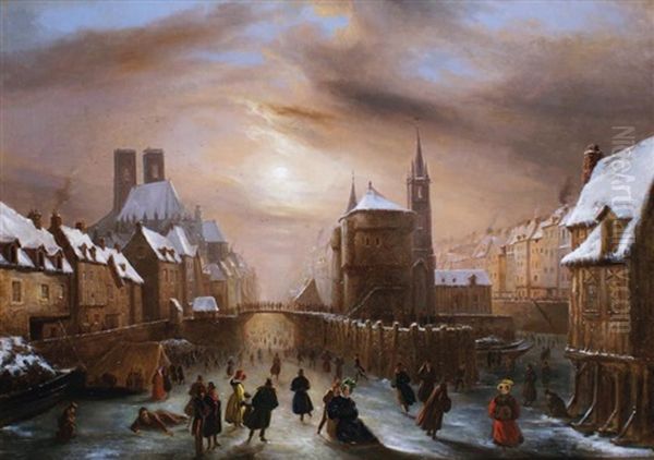 Scene De Patinage A Paris Oil Painting by Louis-Claude Malbranche