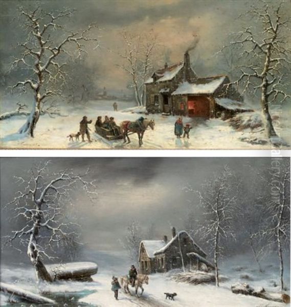 Promeneurs Et Cavaliers A L'entree D'un Village (set Of 4) Oil Painting by Louis-Claude Malbranche