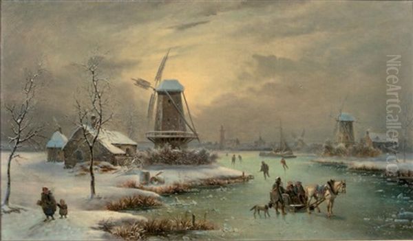 Chariot Et Patineurs Sur Une Riviere Gelee Oil Painting by Louis-Claude Malbranche