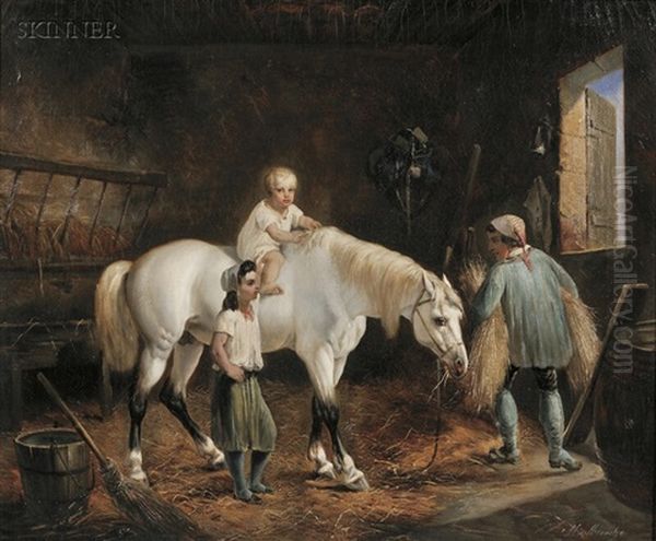 Stable View With Horse And Three Figures Oil Painting by Louis-Claude Malbranche