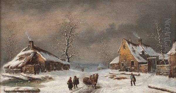 Winterlandschaft (+ Another; Pair) Oil Painting by Louis-Claude Malbranche