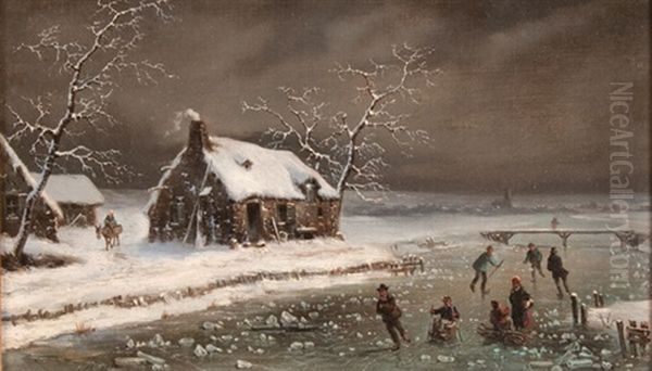 Ice Skating Scene Oil Painting by Louis-Claude Malbranche