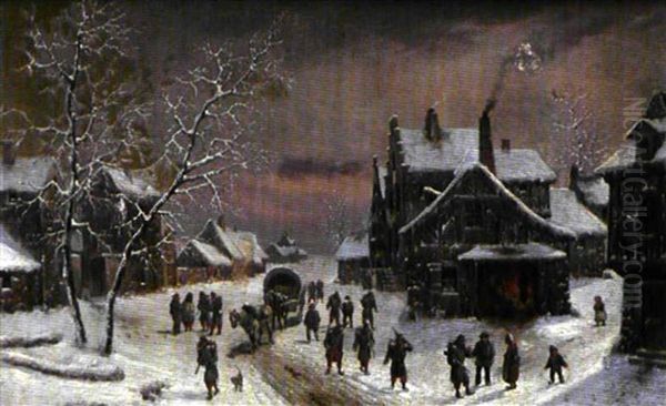 Soldats Traversant Un Village Enneige Oil Painting by Louis-Claude Malbranche