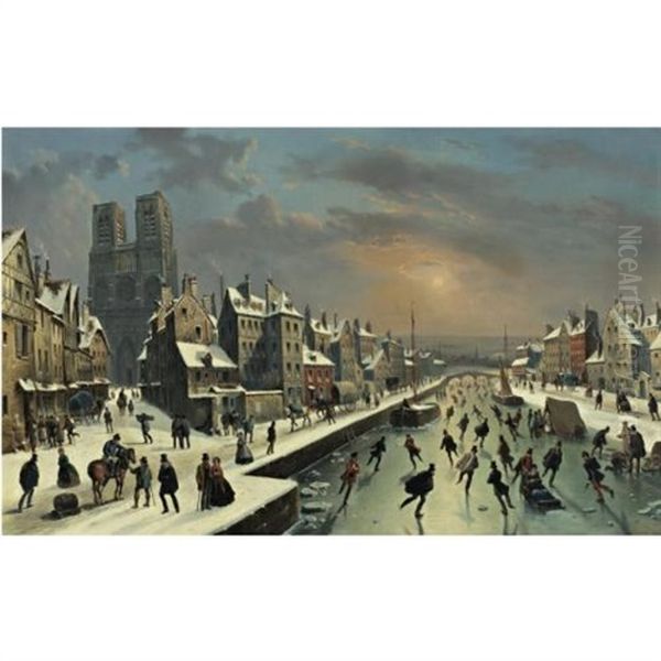 Ice Skating On The Canal Oil Painting by Louis-Claude Malbranche