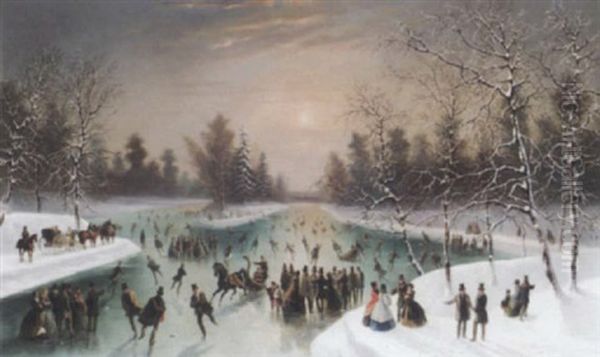 Skaters In A Snowy Landscape Oil Painting by Louis-Claude Malbranche