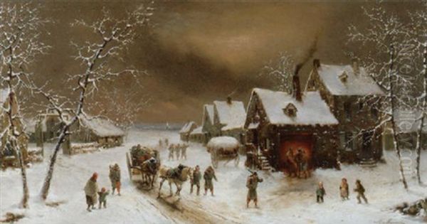 Soldaten Ziehen Durch Winterliche Dorflandschaft Oil Painting by Louis-Claude Malbranche