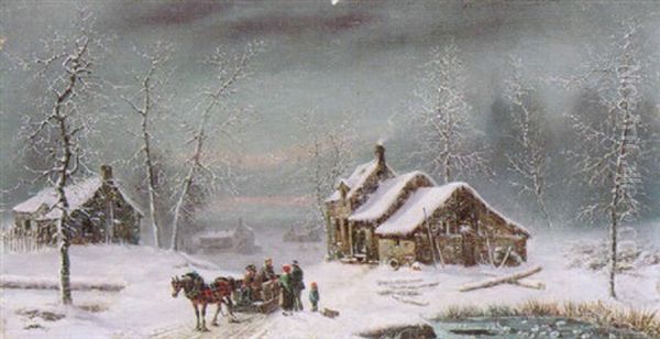 Skaters Near A Village In Winter Oil Painting by Louis-Claude Malbranche