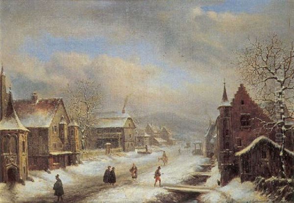 Village Sous La Neige Oil Painting by Louis-Claude Malbranche