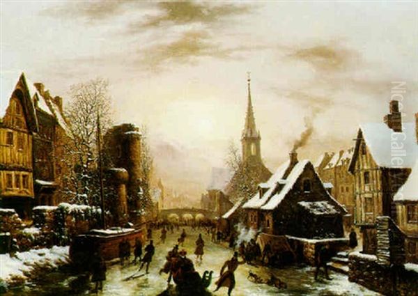 Winter Town Scene Oil Painting by Louis-Claude Malbranche