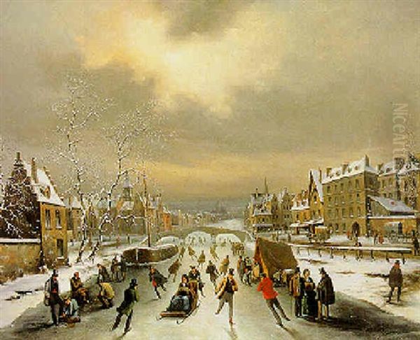 Skaters On A Frozen Canal Oil Painting by Louis-Claude Malbranche