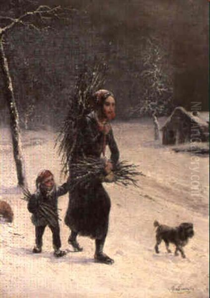 Reisigsammlerin Mit Kind Und Hund In Winterlandschaft Oil Painting by Louis-Claude Malbranche