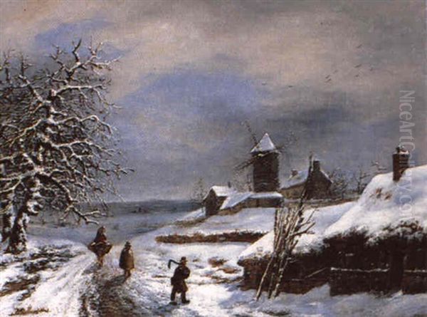 Moulin A Vent Dans Un Paysage De Neige by Louis-Claude Malbranche