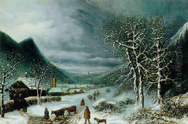 Paysage Anime Sous La Neige Oil Painting by Louis-Claude Malbranche