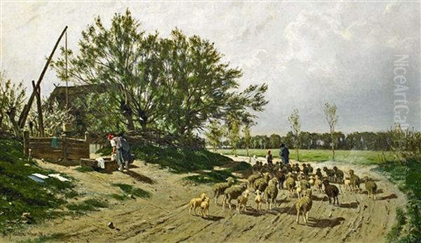 Landschaft In Mecklenburg Mit Schafer Und Seiner Herde Oil Painting by Karl Wilhelm Christian Malchin