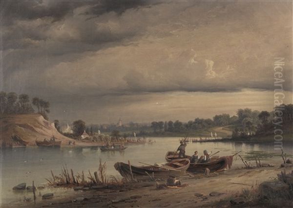 Flussufer Mit Fischern (am Stettiner Haff) Oil Painting by Karl Wilhelm Christian Malchin