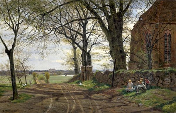 Vorfruhling: Feldweg Bei Der Dorfkirche Gressow, Im Hintergrund Schloss Pluschow Bei Wismar Oil Painting by Karl Wilhelm Christian Malchin