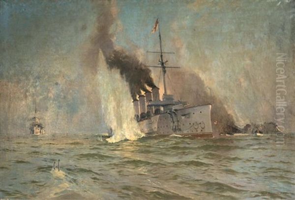 Combat Naval Oil Painting by Karl Wilhelm Christian Malchin