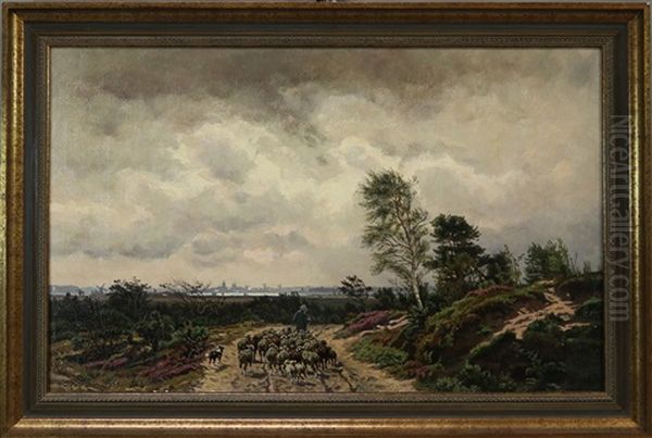 Schafer Mit Seiner Herde Bei Aufziehendem Gewitter Im Moor - Am Horizont Wohl Stadtsilhouette Von Schwerin Oil Painting by Karl Wilhelm Christian Malchin