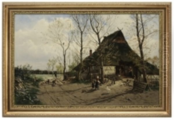 Landscape With Barn, Figures, Chickens And Shepherd Oil Painting by Karl Wilhelm Christian Malchin