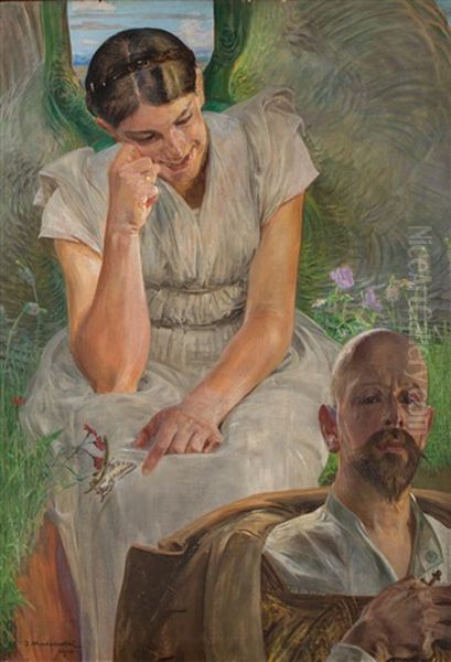 Autoportret Z Aniolem Na Tle Laki Oil Painting by Jacek Malczewski