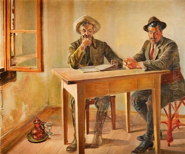 Mieczyslaw Gasecki Z Przyjacielem Siedzacy Przy Stole Oil Painting by Jacek Malczewski