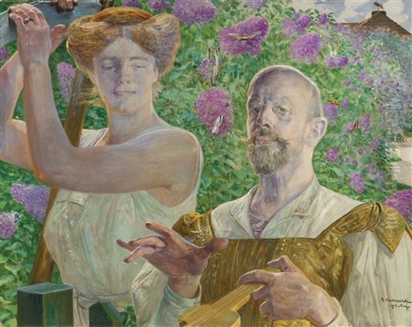 Self-portrait With Muse And Buddleia Oil Painting by Jacek Malczewski