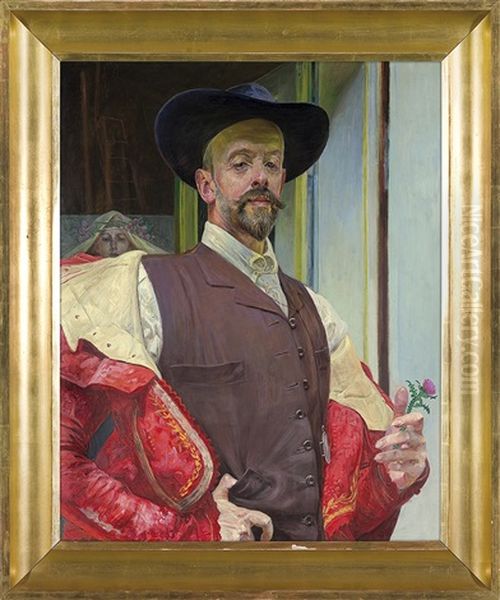 Selfportrait With Thistle Flower Oil Painting by Jacek Malczewski