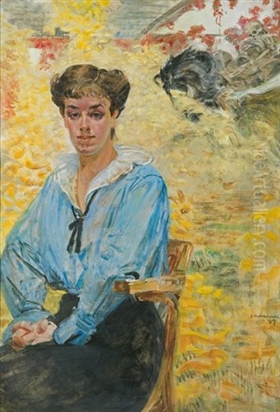 Lady In Blue Dress Oil Painting by Jacek Malczewski