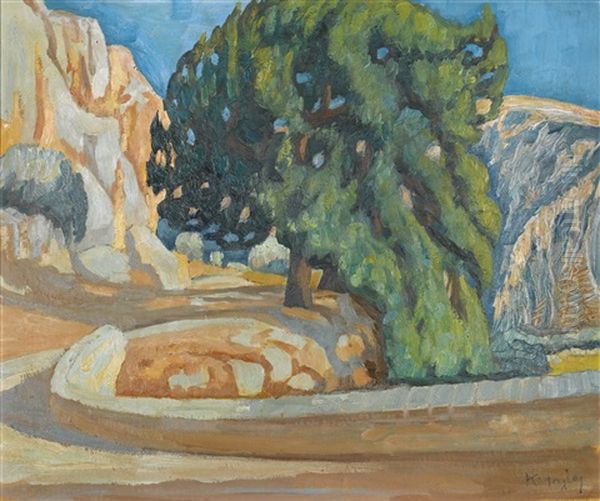 Courtyard With Tree Oil Painting by Konstantinos Maleas