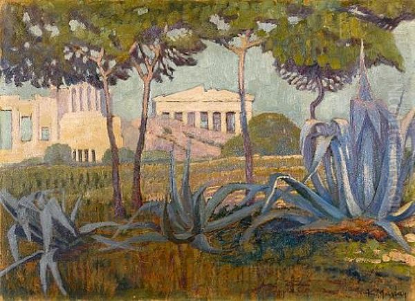 Acropolis - Acropole Vue Entre Des Pins Et Aloes Oil Painting by Konstantinos Maleas