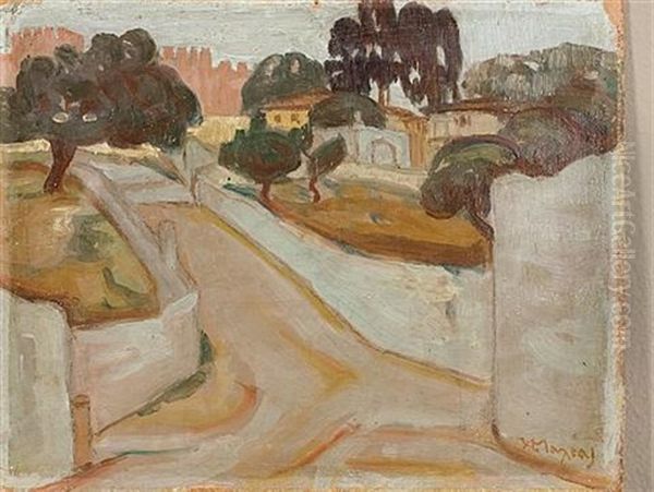 View Of Delfi (+ Road In Mytilini, Smaller; 2 Works) Oil Painting by Konstantinos Maleas