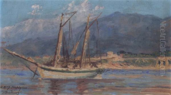 Ship In A Harbour Oil Painting by Konstantinos Maleas