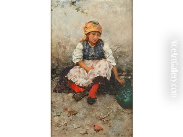 A Study Of A Young Girl In Traditional Costume, Seated Beside A Pot Oil Painting by Leo A. Malempre