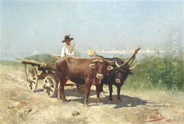 An Oxen Drawn Cart Before The Venetian Lagoon Oil Painting by Leo A. Malempre