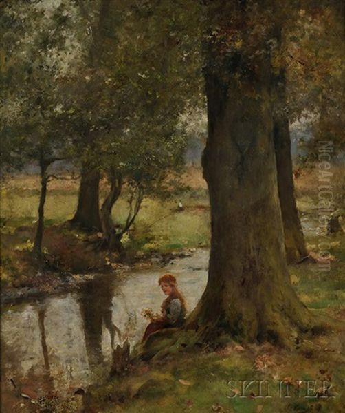 Young Woman Seated By A Stream Oil Painting by Leo A. Malempre